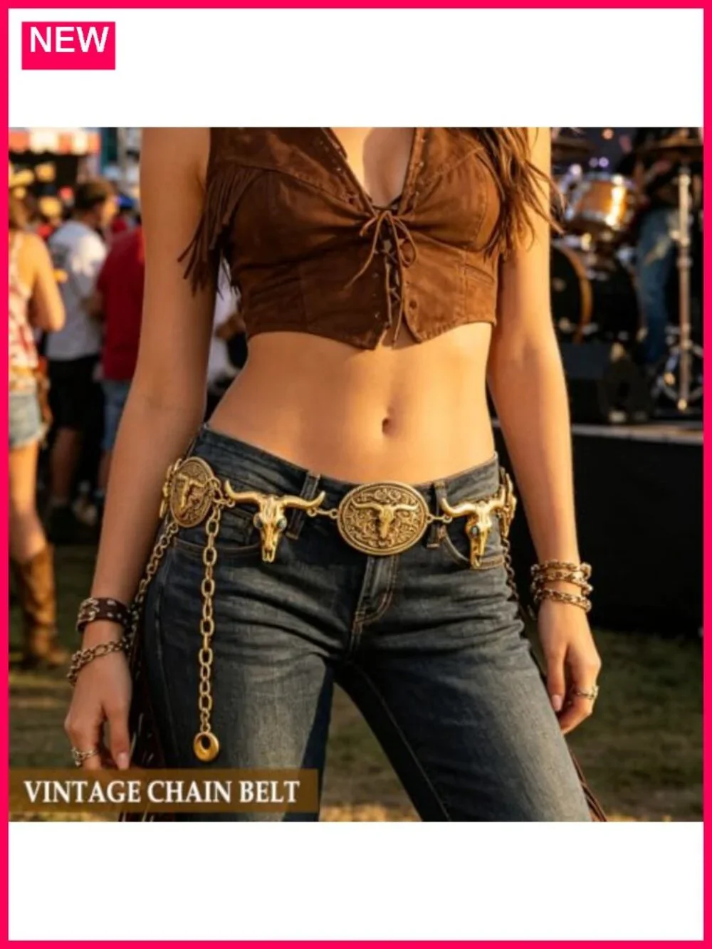 Metal Chain Belt with Bull Skull Pendant - Western Cowgirl Waist Chain